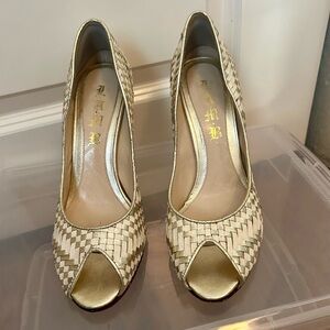 L.A.M.B. By Gwen Stefani Cream and Metallic Gold Woven Heels